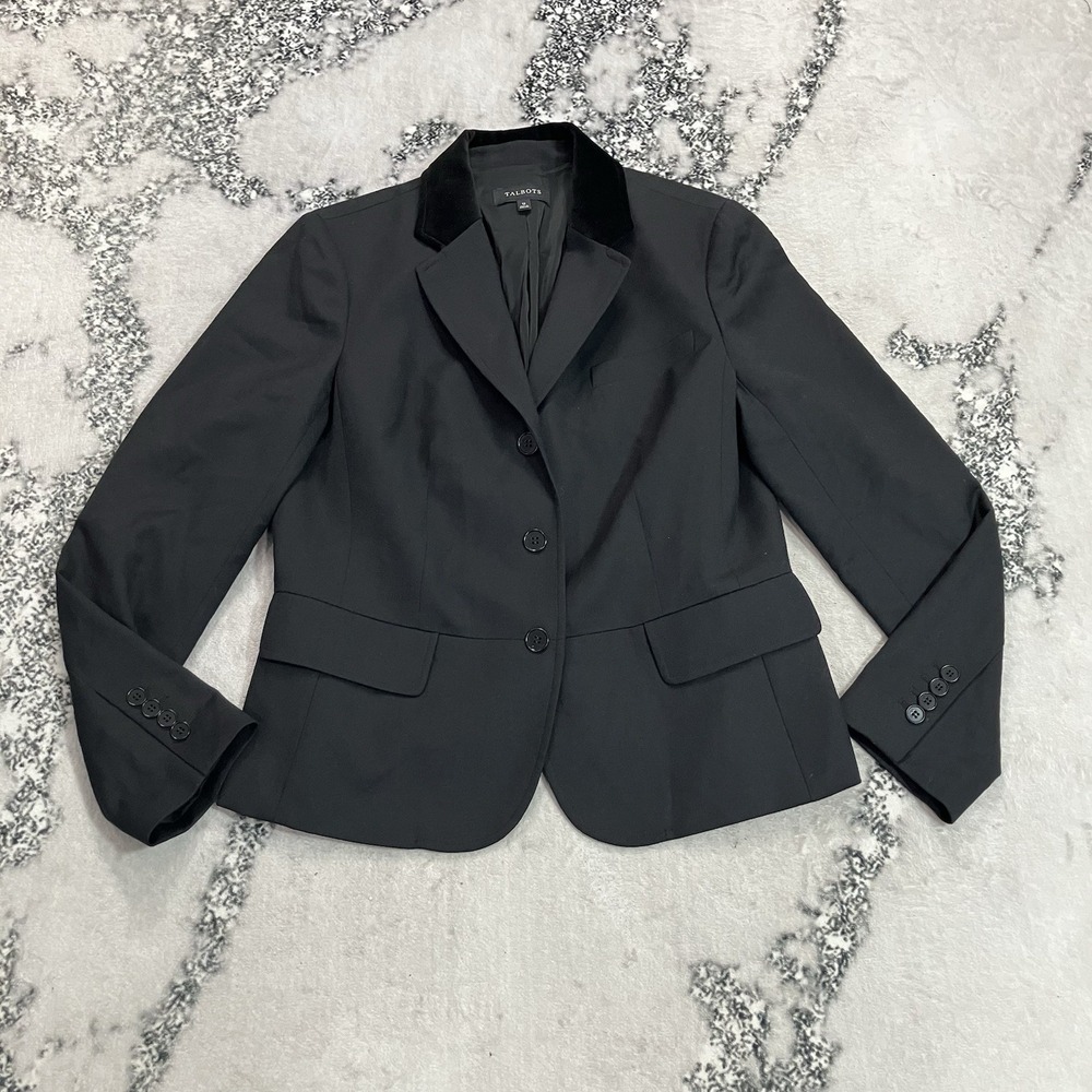 Talbots Blazer Womens Size 12 Black Velvet Collar Three Button Career Jacket